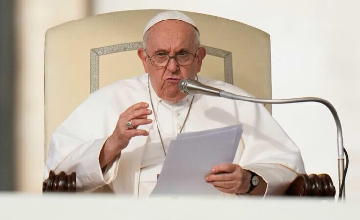 FILE - Pope Francis speaks during his weekly general audience in St. Peter's Square at The Vatican, on Oct. 18, 2023. Pope Francis has formally approved allowing priests to bless same-sex couples, with a new document released Monday Dec. 18, 2023. (AP Photo/Alessandra Tarantino, File)