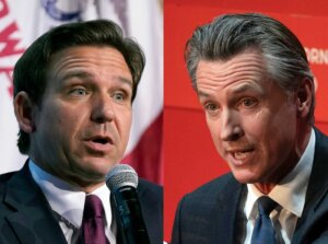 In this combination of photos, Republican presidential candidate Florida Gov. Ron DeSantis speaks on Sept. 16, 2023, in Des Moines, Iowa, at left, and California Gov. Gavin Newsom, speaks on Sept. 12, 2023, in Sacramento, Calif. (AP Photo). Newsom and DeSantis held a debate on Nov. 30, 2023.