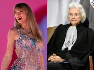 In this composited image, Taylor Swift performs during "The Eras Tour" in Nashville, Tenn., May 5, 2023 (AP Photo/George Walker IV, File). And Supreme Court Associate Justice Sandra Day O'Connor listens to remarks by President Bush and U.S. Attorney General Alberto Gonzales after she administered the oath of office to Gonzales during an installation ceremony at the Justice Department in Washington, Feb. 14, 2005. O'Connor, who joined the Supreme Court in 1981 as the nation's first female justice, has died at age 93. (AP Photo/J. Scott Applewhite, File)