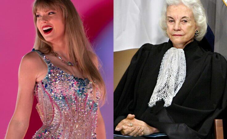 In this composited image, Taylor Swift performs during "The Eras Tour" in Nashville, Tenn., May 5, 2023 (AP Photo/George Walker IV, File). And Supreme Court Associate Justice Sandra Day O'Connor listens to remarks by President Bush and U.S. Attorney General Alberto Gonzales after she administered the oath of office to Gonzales during an installation ceremony at the Justice Department in Washington, Feb. 14, 2005. O'Connor, who joined the Supreme Court in 1981 as the nation's first female justice, has died at age 93. (AP Photo/J. Scott Applewhite, File)
