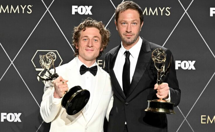 Jeremy Allen White, Emmy winner for lead actor in a comedy series for "The Bear" poses with Ebon Moss-Bachrach, Emmy winner for supporting actor in a comedy series for "The Bear", at the 75th Emmy Awards on Monday, Jan. 15, 2024 at the Peacock Theater in Los Angeles. (Photo by Dan Steinberg/Invision for the Television Academy/AP Images)