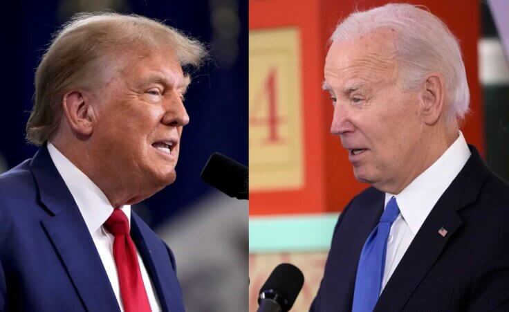 This combination photo shows Republican former President Donald Trump, left, during a rally Nov. 18, 2023, in Fort Dodge, Iowa and President Joe Biden during a Hanukkah reception in the White House in Washington, Dec. 11, 2023. (AP Photo)
