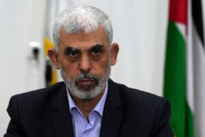 Yahya Sinwar, head of Hamas in Gaza, chairs a meeting with leaders of Palestinian factions at his office in Gaza City, Wednesday, April 13, 2022 (AP Photo/Adel Hana). He is the Hamas mastermind behind the Oct 7 attacks in Israel.