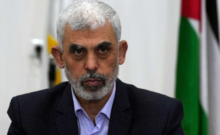 Yahya Sinwar, head of Hamas in Gaza, chairs a meeting with leaders of Palestinian factions at his office in Gaza City, Wednesday, April 13, 2022 (AP Photo/Adel Hana). He is the Hamas mastermind behind the Oct 7 attacks in Israel.