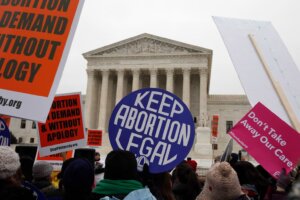 FILE - Pro-abortion rights signs are seen during the March for Life 2016, in front of the U.S. Supreme Court in Washington, Jan. 22, 2016. (AP Photo/Alex Brandon, File)