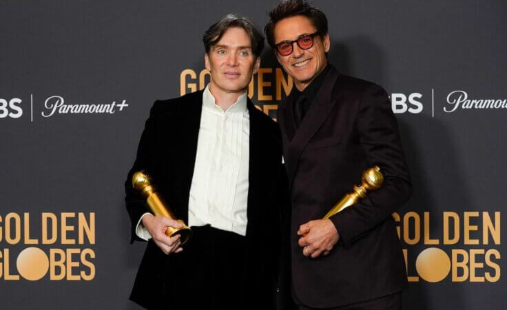 Cillian Murphy, left, winner of the award for best performance by an actor in a motion picture, drama for "Oppenheimer", and Robert Downey Jr., winner of the award for best performance by an actor in a supporting role in any motion picture for "Oppenheimer", pose in the press room at the 81st Golden Globe Awards on Sunday, Jan. 7, 2024, at the Beverly Hilton in Beverly Hills, Calif. (AP Photo/Chris Pizzello)