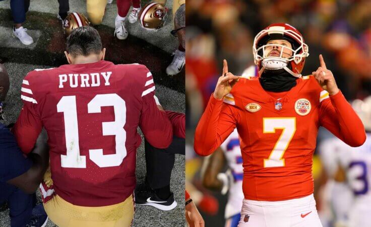 In this composited image, San Francisco 49ers quarterback Brock Purdy (13) kneels in prayer with teammates and Dallas Cowboys wide receiver Brandin Cooks (3) after an NFL football game in Santa Clara, Calif., Sunday, Oct. 8, 2023 (AP Photo/Godofredo A. Vásquez). And Kansas City Chiefs place kicker Harrison Butker celebrates a field goal against the Buffalo Bills during the second half of an NFL football game, Sunday, Dec. 10, 2023 in Kansas City, Mo. (AP Photo/Reed Hoffmann). Both men are Christians in Super Bowl LVIII.