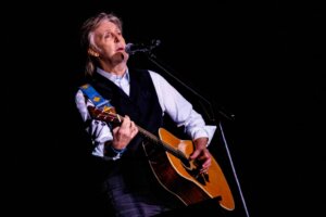 Paul McCartney performs at Glastonbury Festival in Worthy Farm, Somerset, England, Saturday, June 25, 2022. (Photo by Joel C Ryan/Invision/AP)
