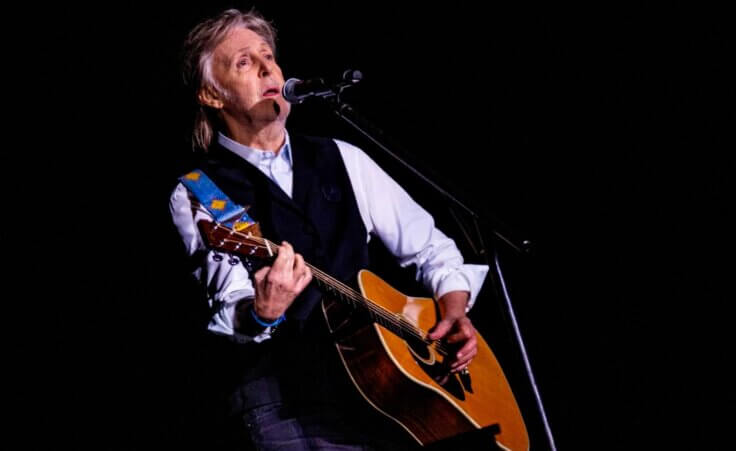 Paul McCartney performs at Glastonbury Festival in Worthy Farm, Somerset, England, Saturday, June 25, 2022. (Photo by Joel C Ryan/Invision/AP)