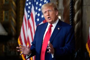 Republican presidential candidate former President Donald Trump speaks at his Mar-a-Lago estate, Monday, March 4, 2024, in Palm Beach, Fla. The Supreme Court unanimously restored Trump to 2024 presidential primary ballots, rejecting state attempts to ban him over the Capitol riot.(AP Photo/Rebecca Blackwell)