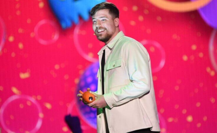 MrBeast (Jimmy Donaldson) accepts the award for favorite male creator during the Nickelodeon Kids' Choice Awards on Saturday, March 4, 2023, at Microsoft Theater in Los Angeles. (Photo by Richard Shotwell/Invision/AP)