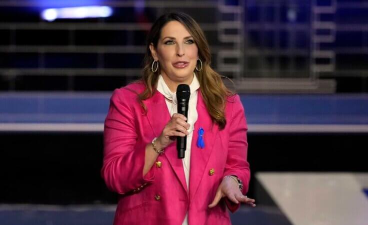 FILE - Republican National Committee chair Ronna McDaniel speaks before a Republican presidential primary debate hosted by NBC News, Nov. 8, 2023, at the Adrienne Arsht Center for the Performing Arts of Miami-Dade County in Miami. Former NBC News “Meet the Press” moderator Chuck Todd criticized his network Sunday, March 24, 2024, for hiring former Republican National Committee head McDaniel as a paid contributor, saying on the air that many NBC journalists are uncomfortable with the decision. (AP Photo/Rebecca Blackwell, File)