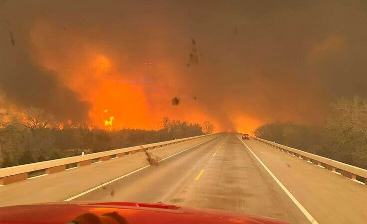 This image taken from Greenville Fire-Rescue's facebook page on Wednesday, Feb. 28, 2024 shows fires in the Texas Panhandle. A fast-moving wildfire burning through the Texas Panhandle grew into the second-largest blaze in state history, forcing evacuations and triggering power outages as firefighters struggled to contain the widening flames. (Greenville Fire-Rescue via AP)