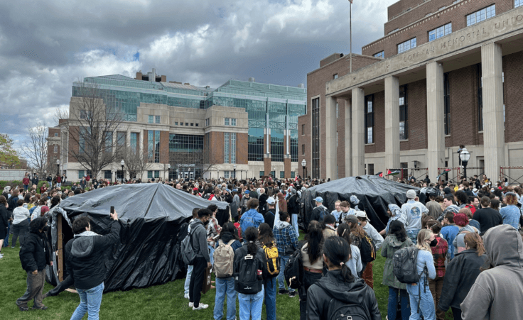 Hundreds of people rallied on the University of Minnesota campus on Tuesday, April 23, 2024, to protest Israel's war with Hamas. Earlier in the day, nine anti-war protesters were arrested as police took down an encampment that organizers said was set up to show solidarity with the people of Gaza and Palestine. Israel-Hamas war protests have created friction at universities across the United States. (AP photo/Mark Vancleave)