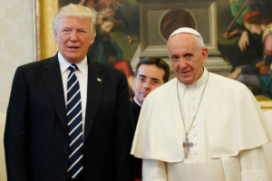 U.S. President Donald Trump stands with Pope Francis during a meeting, Wednesday, May 24, 2017, at the Vatican. (AP Photo/Evan Vucci, Pool)