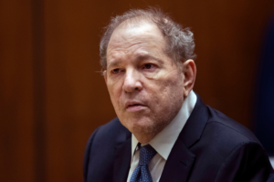 Former film producer Harvey Weinstein appears in court in Los Angeles, Oct. 4 2022. New York’s highest court has overturned Weinstein’s 2020 rape conviction and ordered a new trial. The Court of Appeals ruled Thursday, April 25, 2024 that the judge at the landmark #MeToo trial prejudiced him with improper rulings, including a decision to let women testify about allegations that weren’t part of the case. (Etienne Laurent/Pool Photo via AP, File)