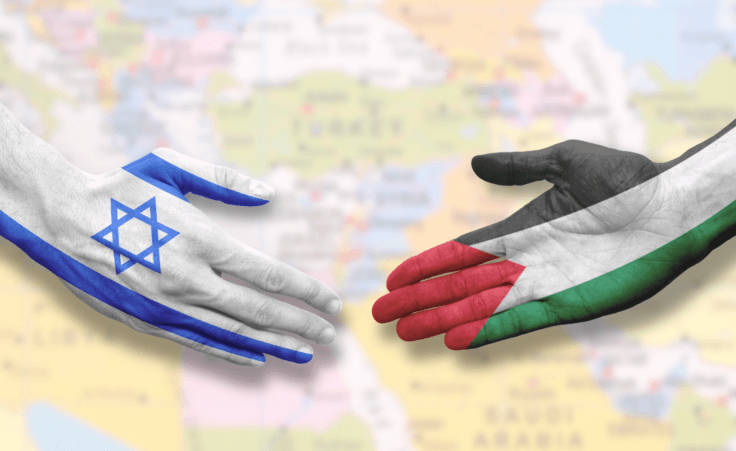 Israel Hamas Palestine ceasefire. Two hands painted with the Israel and Palestine flags reaching toward one another. By DorSteffen/Stock.Adobe.com.