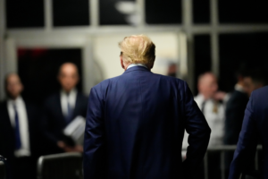 Former President Donald Trump heads to the courtroom after speaking at Manhattan criminal court, Tuesday, April 16, 2024, in New York. Donald Trump returned to the courtroom Tuesday as a judge works to find a panel of jurors who will decide whether the former president is guilty of criminal charges alleging he falsified business records to cover up a sex scandal during the 2016 campaign. (AP Photo/Mary Altaffer, Pool)