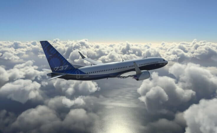 Commercial Boeing 737 Max 8 flying. By miglagoa/stock.adobe.com