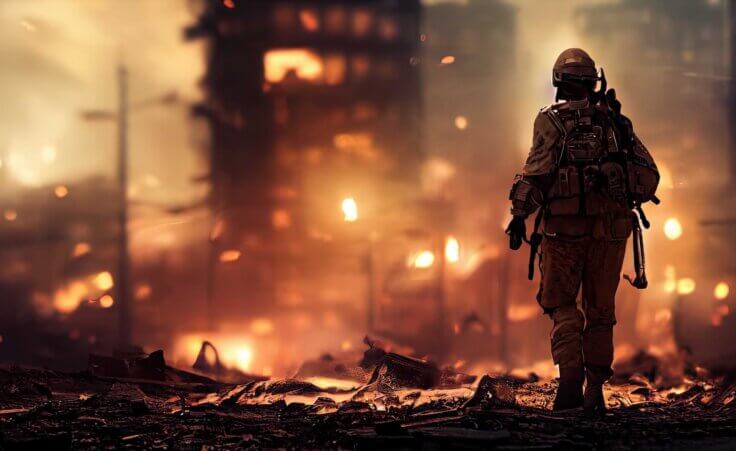 Lone soldier walking in destroyed city. By neirfy/stock.adobe.com