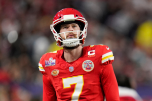Kansas City Chiefs kicker Harrison Butker (7) looks up at the scoreboard against the San Francisco 49ers during the first half of the NFL Super Bowl 58 football game Sunday, Feb. 11, 2024, in Las Vegas. (AP Photo/Steve Luciano)
