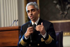 Surgeon General Dr. Vivek Murthy speaks during an event on the White House complex in Washington, April 23, 2024. Murthy is asking Congress to require warning labels on social media platforms that are similar to those that appear on cigarette boxes. (AP Photo/Susan Walsh, File)