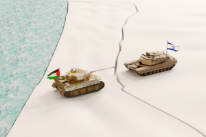 Illustration of tanks on the map, showing the war between Israel and Palestine in the Gaza Strip. By anton91815/stock.adobe.com