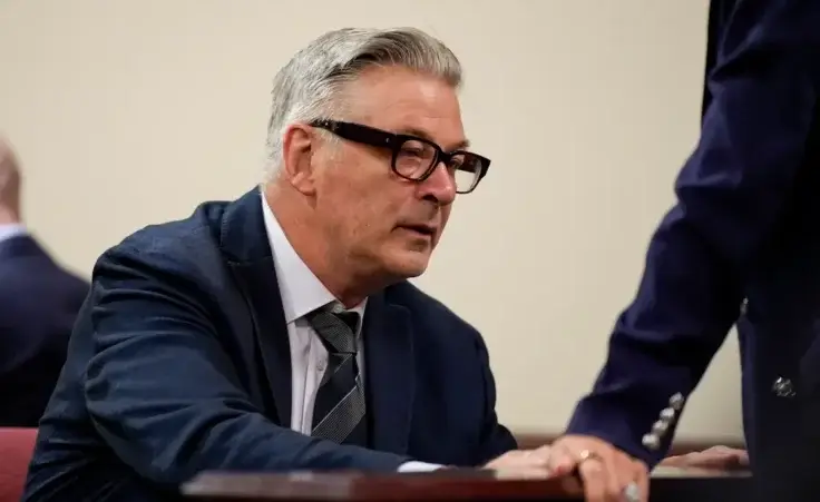 Alec Baldwin sits in court during his trial in Santa Fe, N.M., Thursday, July 11, 2024. Baldwin is facing a charge of involuntary manslaughter in the death of a cinematographer on the set of the film "Rust". (Ramsay de Give/Pool Photo via AP)