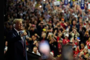 Republican presidential candidate former President Donald Trump gestures as he arrives at the Republican National Convention Wednesday, July 17, 2024, in Milwaukee. (AP Photo/Julia Nikhinson)