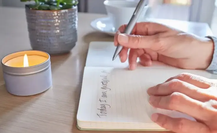 Close up of woman at home writing in her gratitude journal. By Daisy Daisy/stock.adobe.com