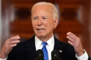 President Joe Biden speaks in the Cross Hall of the White House Monday, July 1, 2024, in Washington. (AP Photo/Jacquelyn Martin)