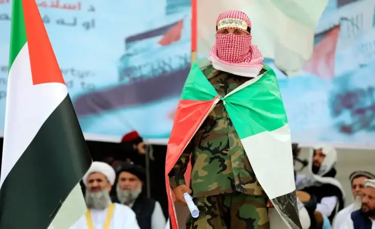 Afghans attend during a memorial ceremony for Hamas leader Ismail Haniyeh, who was assassinated in Tehran, Iran in Kabul, Afghanistan, Sunday, Aug. 4, 2024. (AP Photo/ Siddiqullah Alizai)