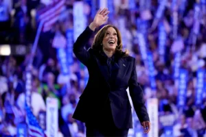 Democratic presidential nominee Vice President Kamala Harris during the Democratic National Convention Thursday, Aug. 22, 2024, in Chicago. (AP Photo/Jacquelyn Martin)