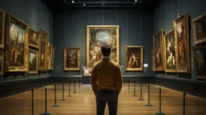 Back of a man looking at renaissance style paintings in an old museum art gallery. By Keitma/stock.adobe.com