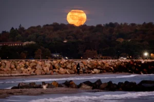 The full Hunters moon sets in Niendorf at the Baltic Sea, Germany, early Thursday, Oct. 17, 2024. (AP Photo/Michael Probst) brightest supermoon