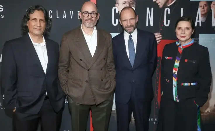 Actors Carlos Diehz, from left, Director Edward Berger, and actors Ralph Fiennes and Isabella Rossellini attend the premiere of "Conclave" at AMC Lincoln Square on Wednesday, Oct. 23, 2024, in New York. (Photo by Andy Kropa/Invision/AP) "Conclave"