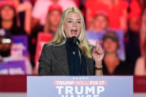 Former Florida Attorney General Pam Bondi, speaks before Republican presidential nominee former President Donald Trump arrives to speak at a campaign rally at First Horizon Coliseum, Saturday, Nov. 2, 2024, in Greensboro, NC. (AP Photo/Alex Brandon)