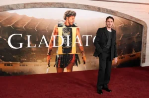 Paul Mescal, a cast member in "Gladiator II," poses at the premiere of the film on Monday, Nov. 18, 2024, at TCL Chinese Theatre in Los Angeles. (AP Photo/Chris Pizzello)