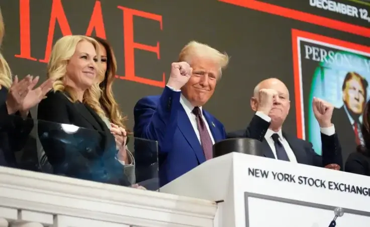 President-elect Donald Trump gestures after ringing the opening bell at the New York Stock Exchange, Thursday, Dec. 12, 2024, in New York. (AP Photo/Alex Brandon) Person of the Year
