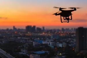 Silhouette of drone flying above city at sunset. By NaypongStudio/stock.adobe.com. mysterious drones