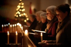 Men and women attending a traditional candlelight service before Christmas. By SeNata/stock.adobe.com. Christmas Adam service.
