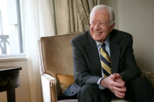 Former U.S. President Jimmy Carter smiles during an interview in New York, Monday, Jan. 26, 2009. (AP Photo/Diane Bondareff)