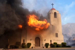 Fire explodes out of a window of the Altadena Community Church, Wednesday, Jan. 8, 2025, in the downtown Altadena section of Pasadena, Calif. (AP Photo/Chris Pizzello)