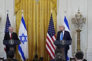 President Donald Trump and Israeli Prime Minister Benjamin Netanyahu speak during a news conference in the East Room of the White House, Tuesday, Feb. 4, 2025, in Washington. (AP Photo/Alex Brandon)