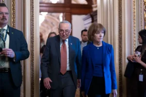 Senate Minority Leader Chuck Schumer, D-N.Y., left, walks with Sen. Tina Smith, D-Minn., as Senate Democrats gather behind closed doors to mount a last-ditch protest over a Republican-led spending bill that already passed the House, at the Capitol in Washington, Thursday, March 13, 2025. (AP Photo/J. Scott Applewhite)