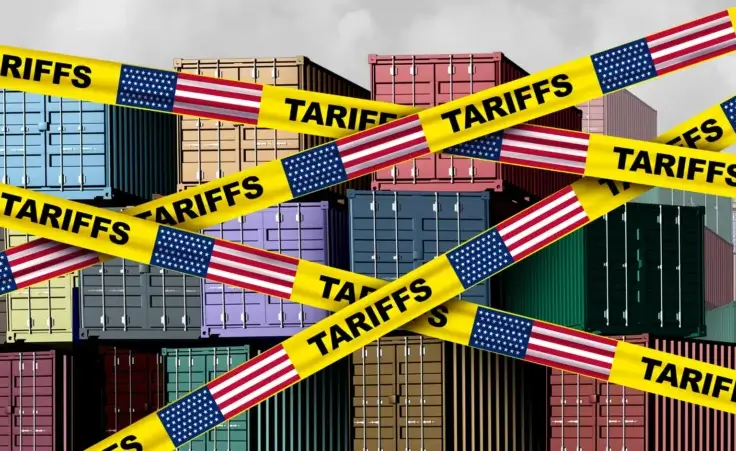 Digital image of shipping containers with "tariff" tape over them. By freshidea/stock.adobe.com. Recession US trade tariffs