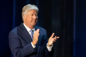 Pastor Robert Morris applauds during a roundtable discussion at Gateway Church Dallas Campus, Thursday, June 11, 2020, in Dallas. (AP Photo/Alex Brandon)