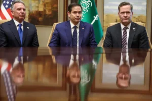 U.S. Secretary of State Marco Rubio, U.S. national security adviser Mike Waltz and U.S. Middle East envoy Steve Witkoff attend an interview after meeting with Russian Foreign Minister Sergei Lavrov and Russian President Vladimir Putin's foreign policy adviser Yuri Ushakov, at Diriyah Palace, in Riyadh, Saudi Arabia, Feb. 18, 2025. (Evelyn Hockstein/Pool Photo via AP, File) war plans