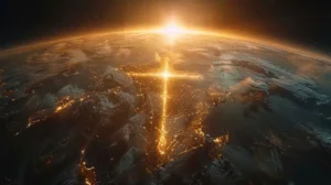 Shiny glowing golden Christian religion faith cross symbol sign above the planet earth globe. Jesus Christ gospel and crucifixion evangelism, international missionary organization,worldwide fellowship By Tn/stock.adobe.com
