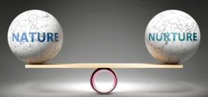 Nature and nurture in balance - pictured as balanced balls on scale that symbolize harmony and equity between Nature and nurture that is good and beneficial., 3d illustration By GoodIdeas/stock.adobe.com